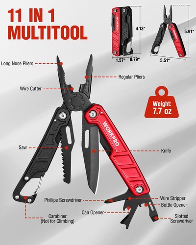WORKPRO Multitool-11 in 1 with Pocket Clip and Sheath-EDC with Safety Lock - Picture 4 of 9