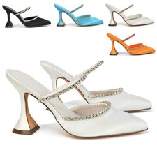 Womens Bridal Heels Ladies Pointed Toe Flared Heel Satin Party Mules Size 3-8