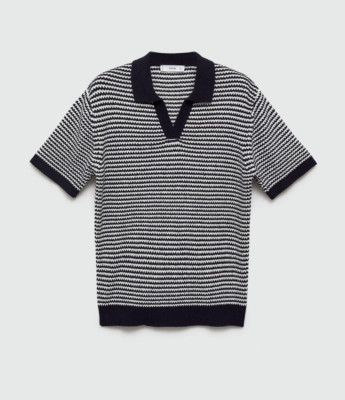 NWT Mango MNG Men's Collared Short Sleeve Sweater Polo in Dark Navy Striped Sz L