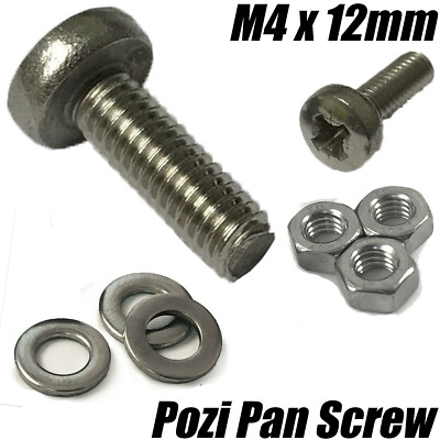M4 x 12 mm Maschinenschraube Pozi Linsenkopfschrauben A2 Edelstahl Sechskantmuttern Scheiben