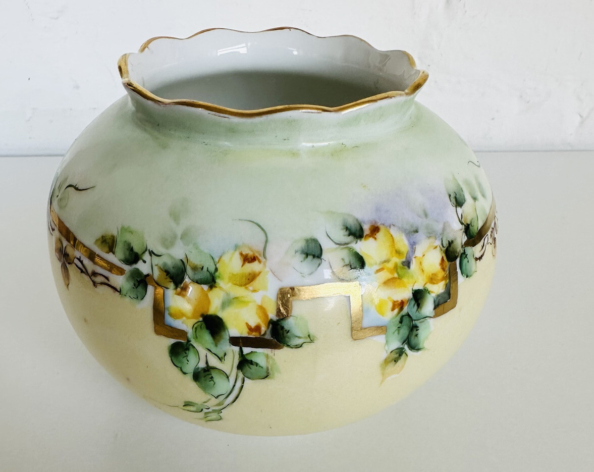 古い木鉢 Vintage Hand Painted Yellow Flowers Vase Green & Gold Accents 4.5