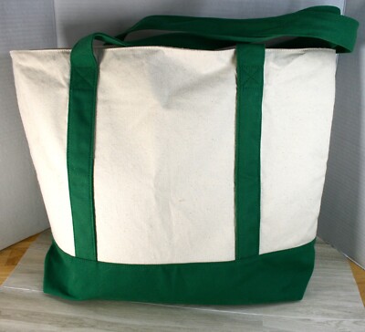 TOP DESIGN 20'' Large 100% Cotton Canvas Zippered Tote Grocery Bag Natural Green