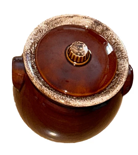 Hull Pottery Bean Pot with Lid Oven Proof USA Brown Drip Pot Glaze