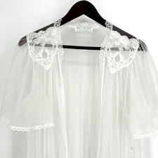 Val Mode Lingerie Vintage White Sheer Bridal Lace Beaded Hearts Robe Womens M