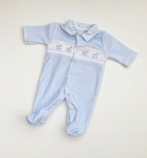 NEWBORN BLUE ROMPERS SMART SMOCKED SPANISH VELOUR CLASSIC BABY BOYS SLEEPSUIT