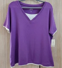 Style & Co Woman's Top Size 1X Purple V-Neck Short Sleeve 100% Cotton NWT