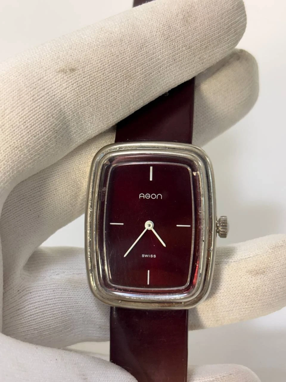 Vintage 1970s Agon Swiss Burgundy Dial TV Case Manual Wind Watch 31x37mm Tank image 4