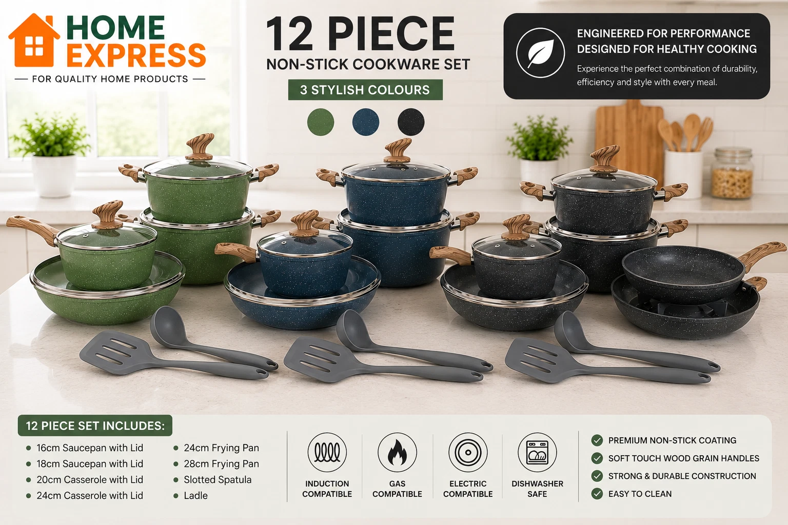 12 Piece Non Stick Cookware Set Induction Pots & Pans Kitchen Granite