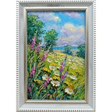 Summer nature Oil painting Original art Country Landscape Flower meadow 4 x 6 in