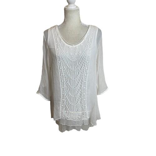 Bellambra Size Medium Silk Ivory Romantic Bohemian Crochet Layered Top NWT! - 第 1/6 張圖片