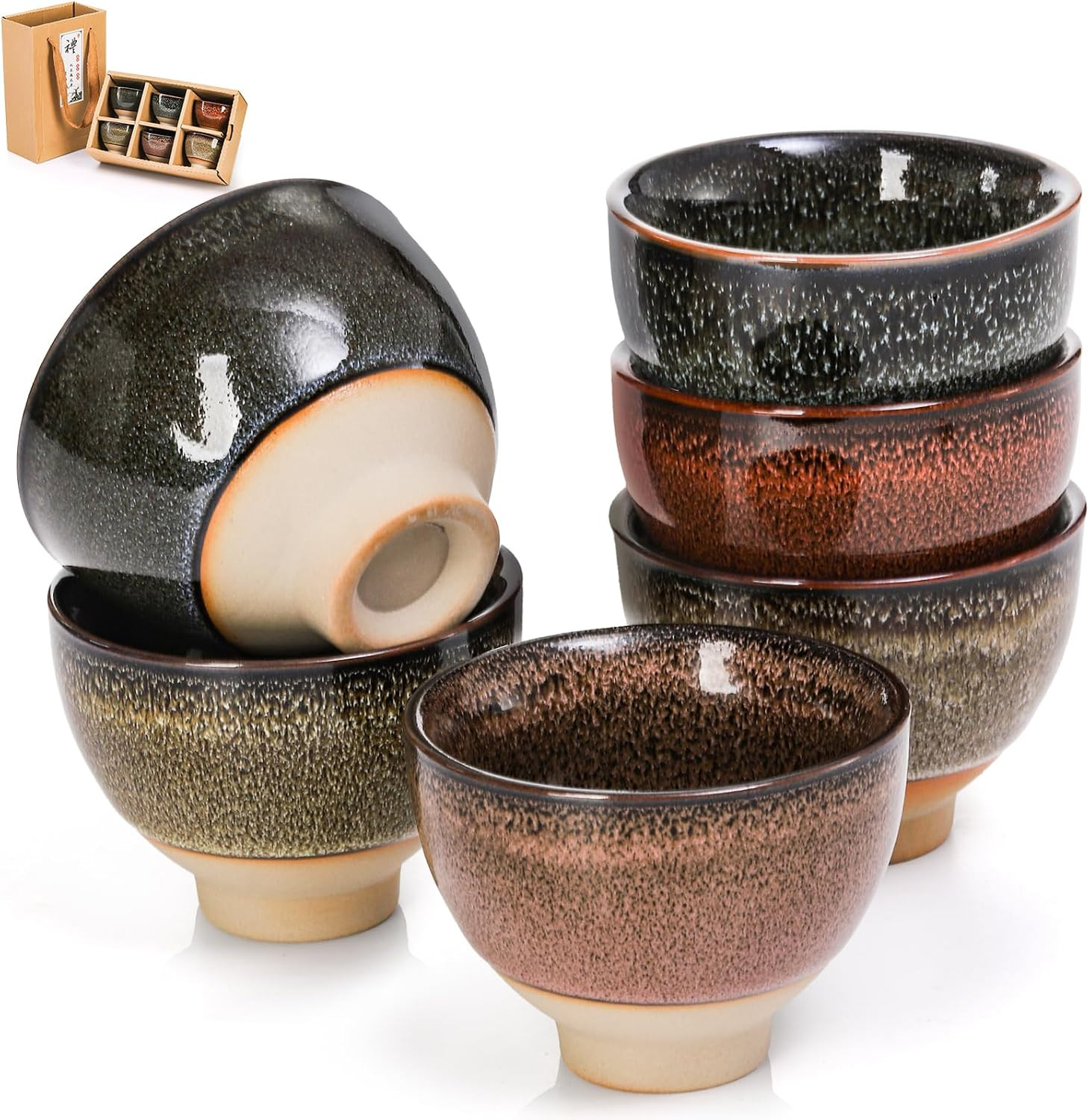 6 Pack 2oz Ceramic Tea Sake Cups, Handcrafted Chinese Kungfu Tea Cup, Japanese S