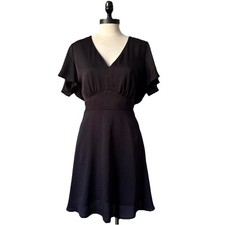 NWT Express Black Ruffle Sleeve Fit and Flare Mini Dress V-Neck chiffon Large