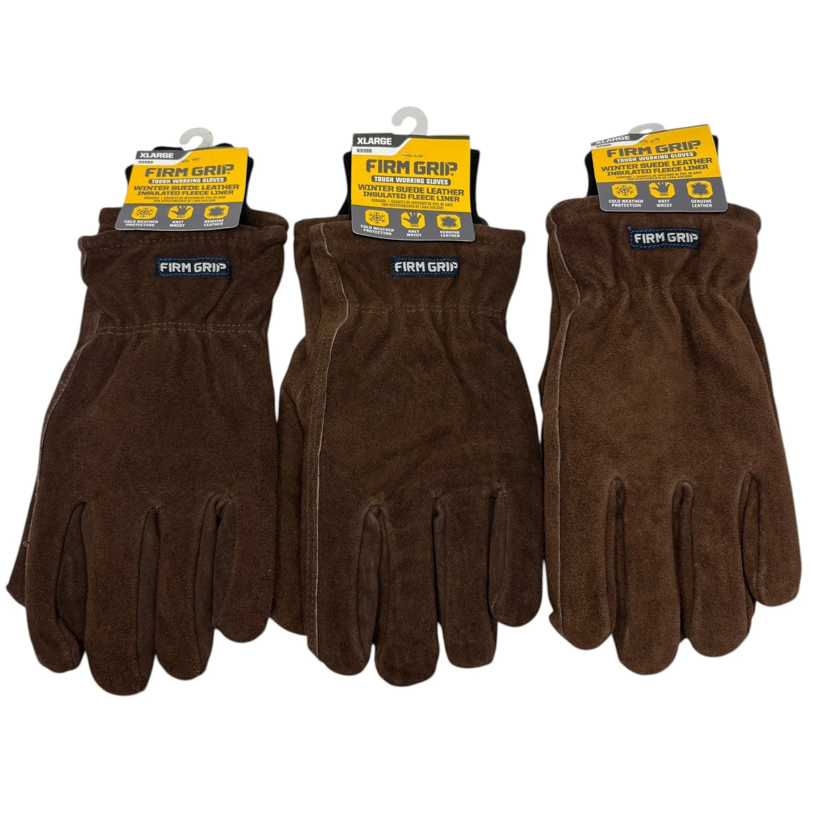 Lot Of 3 - XL FIRM GRIP Winter Suede Leather Work Gloves Insulated Fleece