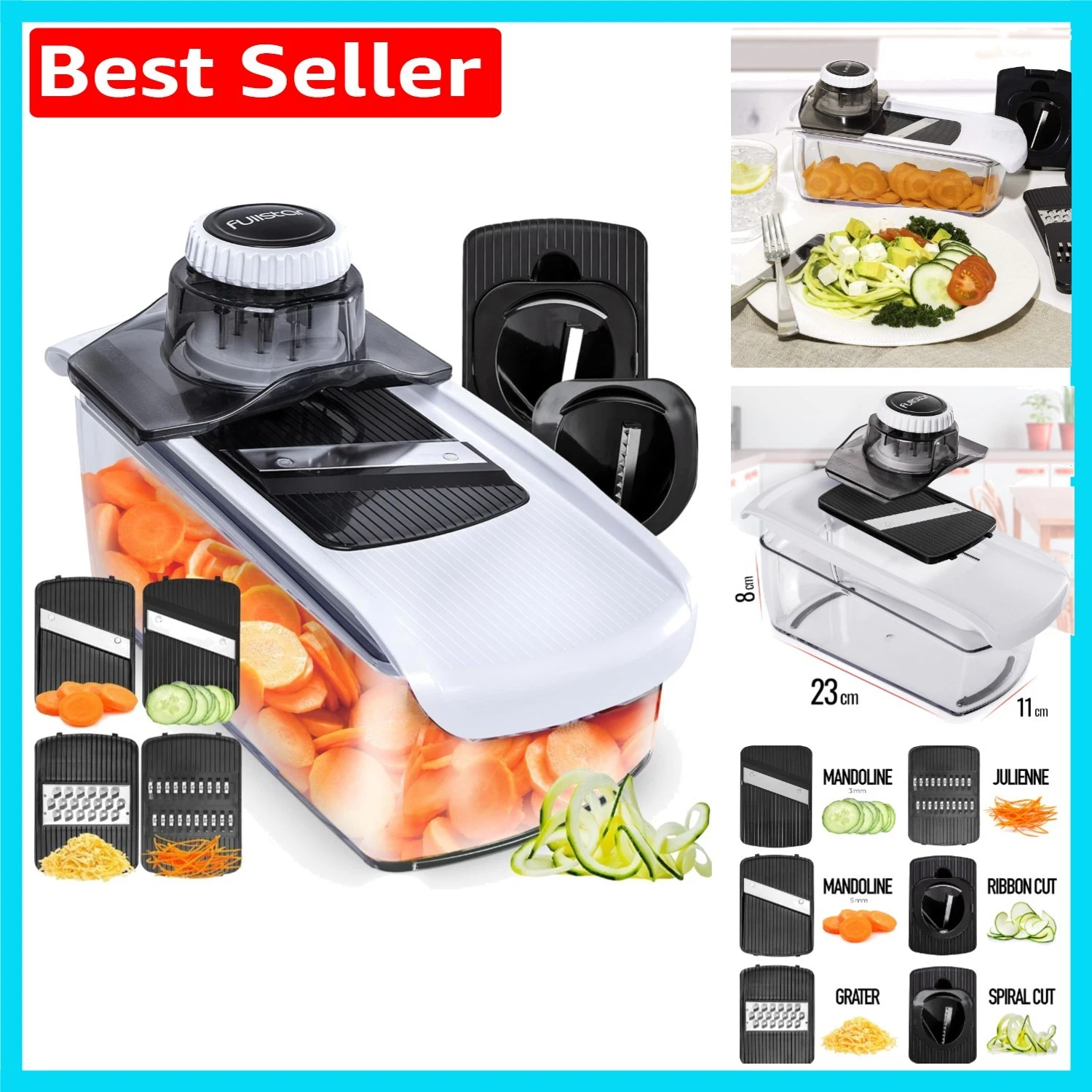 Effortless Veggie & Cheese Slicing with Durable Mandoline Slicer - White 6-in-1