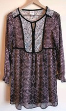 Knox Rose Mixed Print Velvet Trim Peasant Dress XS Sheer Boho Tunic Lined