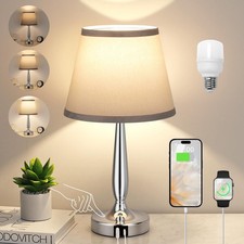 Touch Table Lamp Small USB C 3 Way Dimmable Gray Shade Silver Base