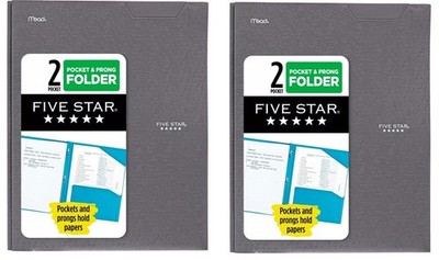 Five Star, Qty=2, Gray 2-Pocket Plastic Folder with Prongs, Stay-Put