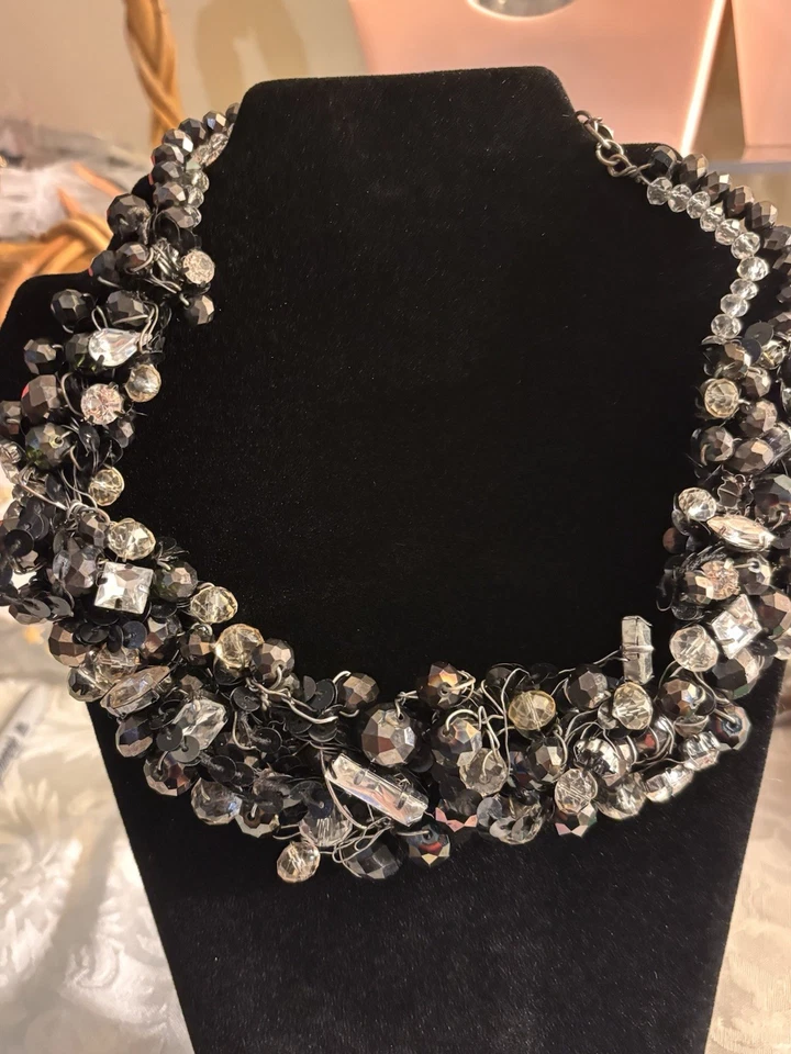 Aldo Statement Black And Rhinestones And Beads Collar Necklace - Image 2 of 4