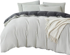 Dark Grey Queen Size Duvet Cover Striped Washed Microfiber Jacquard 3 Pieces Bed