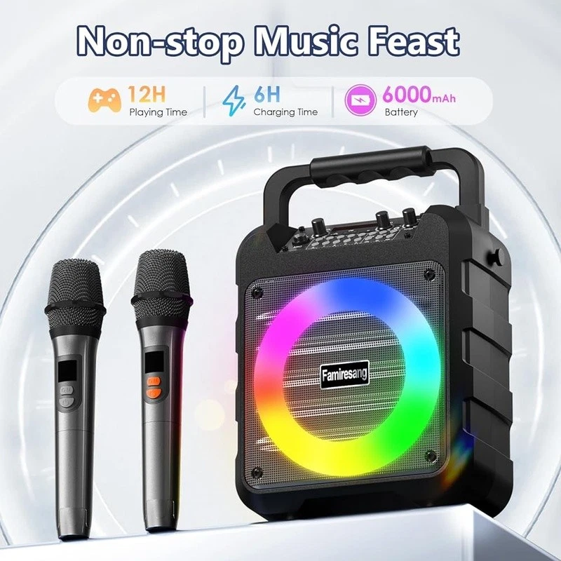 Portable Bluetooth Karaoke Machine W/ Dual Wireless Mics HD Sound RGB Lights New - Image 3 of 4