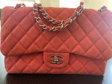 Chanel double flap classic bag coral red caviar