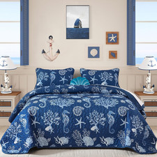Coastal King Size Quilt Set 3 Pcs, Summer Blue Beach Theme Quilts with Pillowca