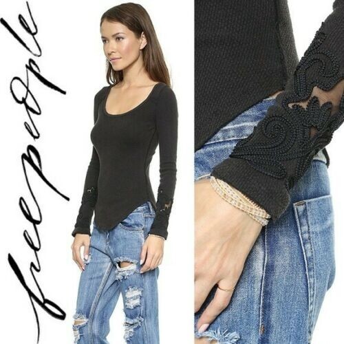 Free People Cuff Langarm Shirt Thermal Thermo mit Spitzen Stickereien L RAR - Bild 5 von 10