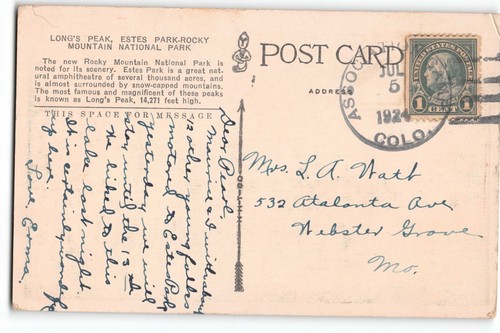 Postal Long’s Peak de Bear Lake Estes Park CO Rocky Mountains 1924 - Imagen 2 de 2