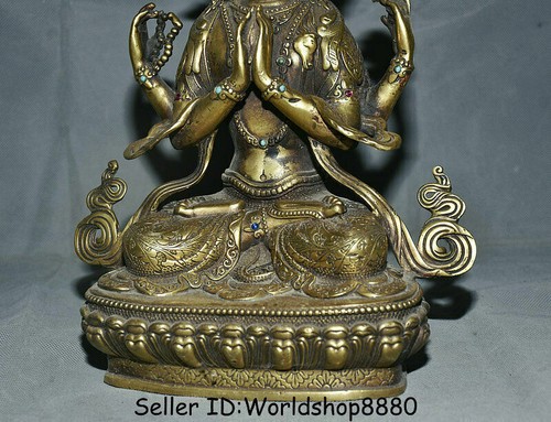 Joya de incrustación de cobre tibetano antigua 4 brazos estatua de Buda Chenrezig Avalokiteshvara - Imagen 10 de 11