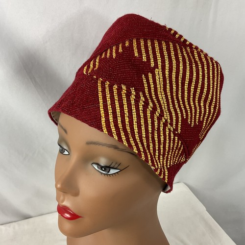 Afrikanischer Kufi Hut rot gold Damen Medium 7 1/8 22" Canvas Polyester böhmisch - Bild 1 von 7