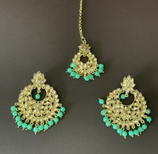 indian Punjabi Earrings Manng Tikka Party Wear Set Mint Green And Golden
