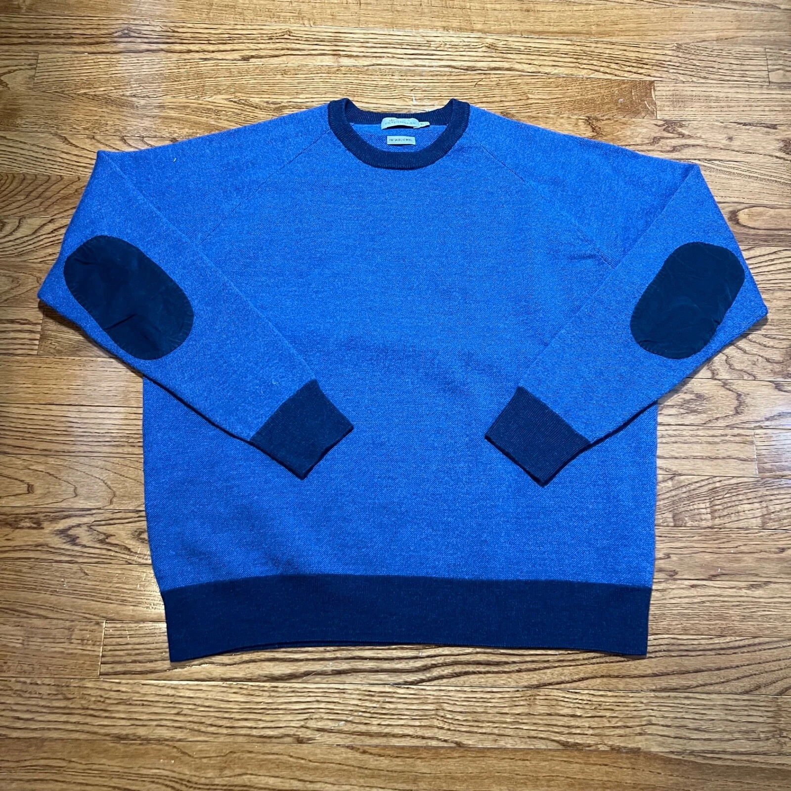 Peter Millar Sweater Mens XL Blue 100% Merino Wool Preppy Elbow Patch Pullover