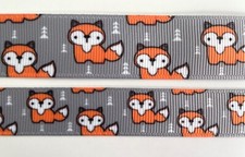 Orange fox print woodland animal on gray Grosgrain ribbon 5/8" 7/8"