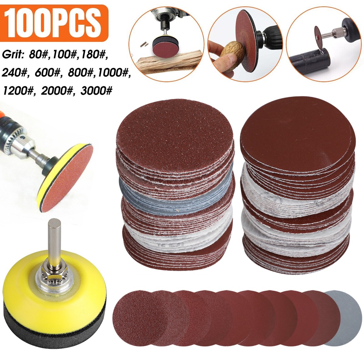 100PCS 2&quot; Sanding Disc Sand Paper Hook Loop Sander+Backer Pad+M6 