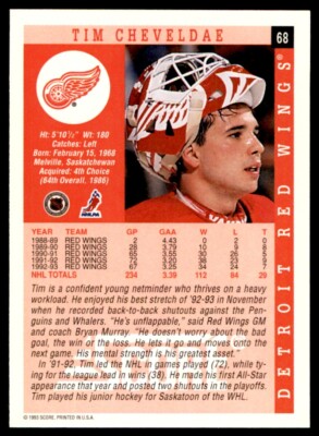 1993-94 Score Tim Cheveldae Detroit Red Wings #68 | eBay