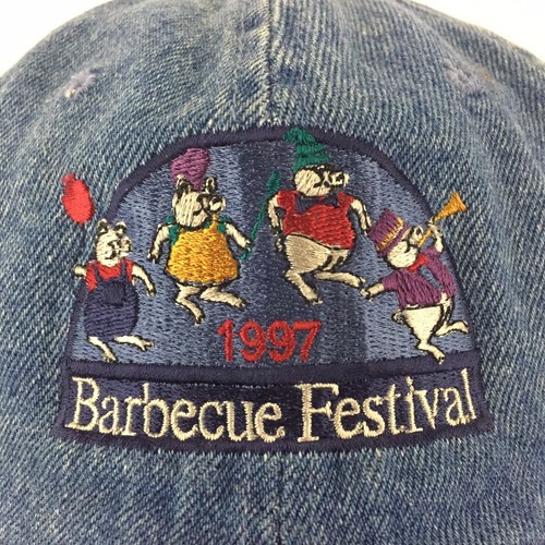 Vtg 90s BBQ Barbecue Festival Denim Cap Pigs Spell Out Logo Baseball Trucker Hat - Picture 2 of 12