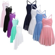 Girls Spaghetti Shoulder Straps Irregular Hem Gymnastics Leotard Dress Dancewear