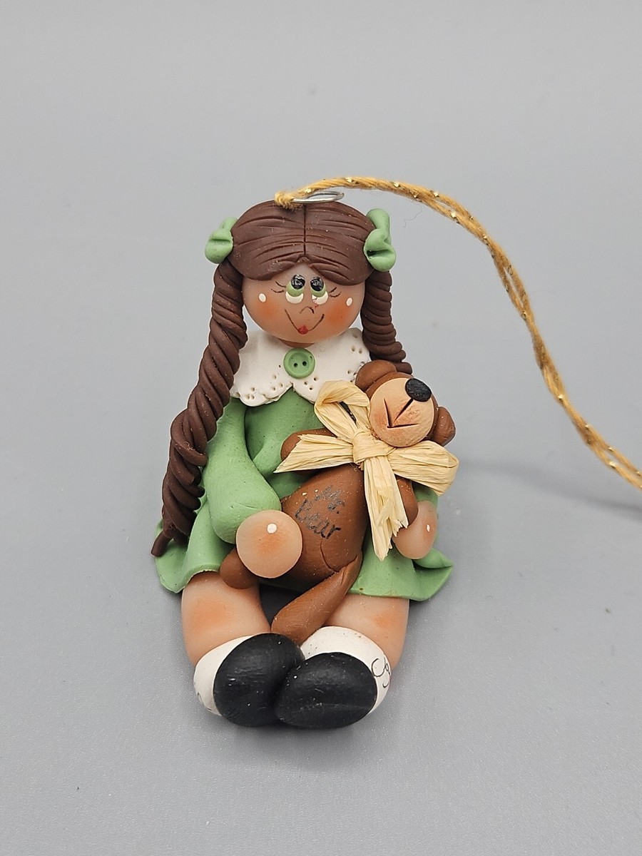 HANDMADE VINTAGE Polymer Clay Figurine, Girl With Teddy Bear