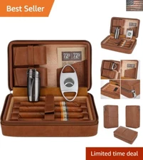 Stylish Brown Leather & Cedar Travel Humidor Set for Up to 4 Cigars - Gift Ready