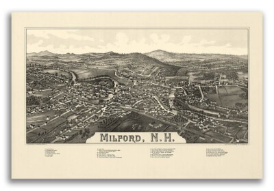 1886 Milford New Hampshire Vintage Old Panoramic City Map - 24x36