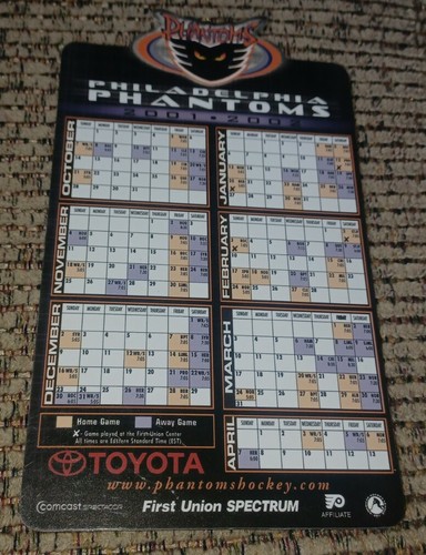 Vtg PHILADELPHIA PHANTOMS REFRIGERATOR MAGNET TEAM SCHEDULE 2001-2002 HOCKEY AHL