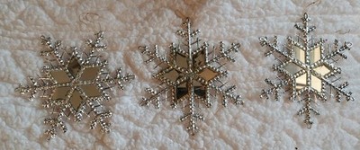 3 Vintage Double Sided Silver Plastic Mirrored Snowflake Ornaments 5.5''