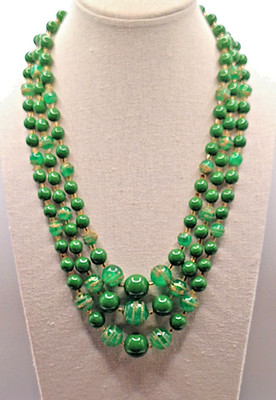 Vintage 3-Strand Green & Gold Sugar Swirl Texture Faux Pearl Necklace Japan 1950