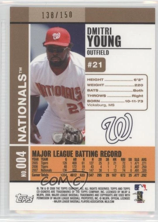 2008 Topps Co-Signers Silver Gold /150 Dmitri Young Ronnie Belliard #004 - Image 2 of 2