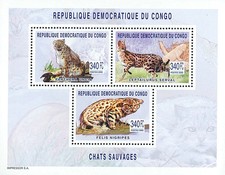 República Democrática del Congo 2003 Perf. Bloque Colectivo Fauna Gatos Salvajes N°