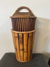 Vtg Wall Mounted Wooden Rattan-Style Slat Basket W/Handle 22" BOHO Wall Pocket