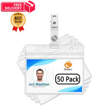 ZHEGUI ID Badge Holder with Clip Clear Plastic 50 Pack, Horizontal 2.3x3.5