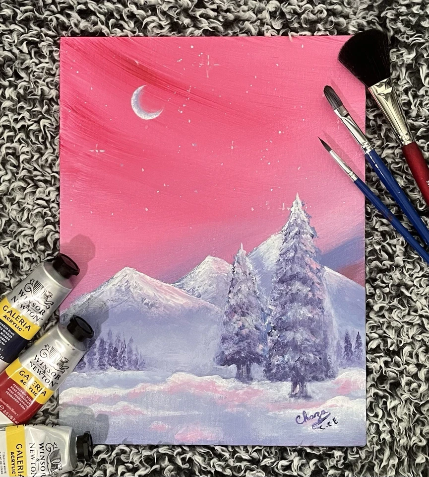 Arte de paisaje acrílico original para nieve sobre panel de lienzo, 9 por 12 pulgadas Foto 2 de 2