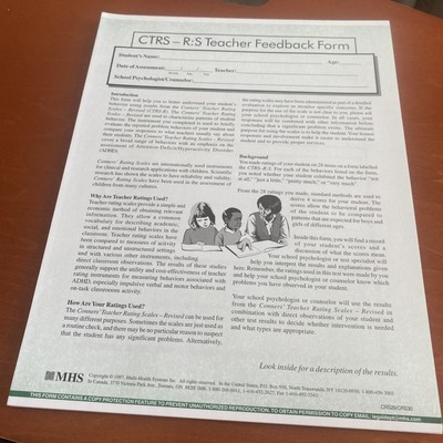 Conners  Teacher Rating Scale - CTRS R:S Teacher Feedback Form