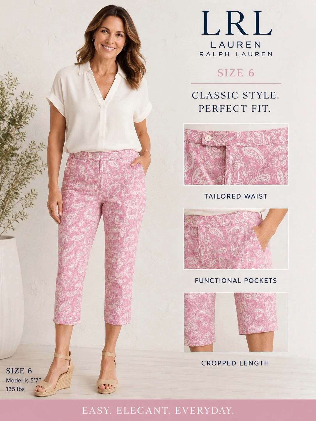 LRL Ralph Lauren Cropped Capris Cotton Pants Women's Size 6 Pink Paisley